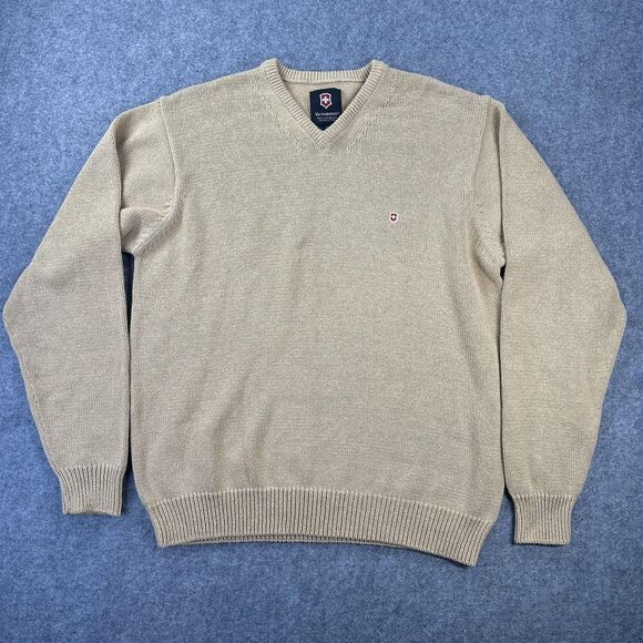 Victorinox Other - Victorinox Sweater Mens XL Beige Cotton V Neck Knit Long Sleeve Logo Swiss Army